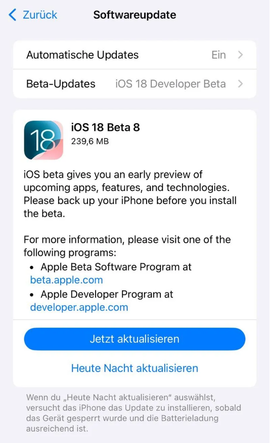 新沂苹果手机维修分享苹果 iOS / iPadOS 18 开发者预览版 Beta 8 发布 